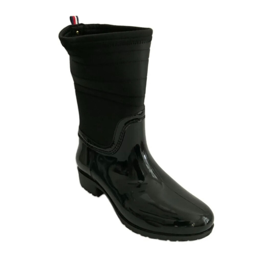 New Tommy Hilfiger Glossy Fonsi Hilfiger Stripe Rain Boot Black 6
